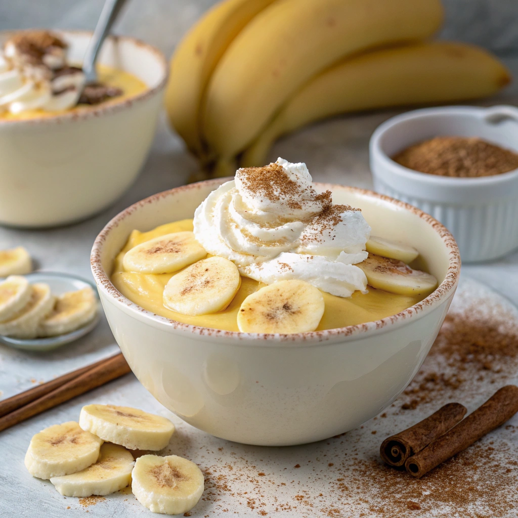 Whipped cream topping being added to homemade banana pudding