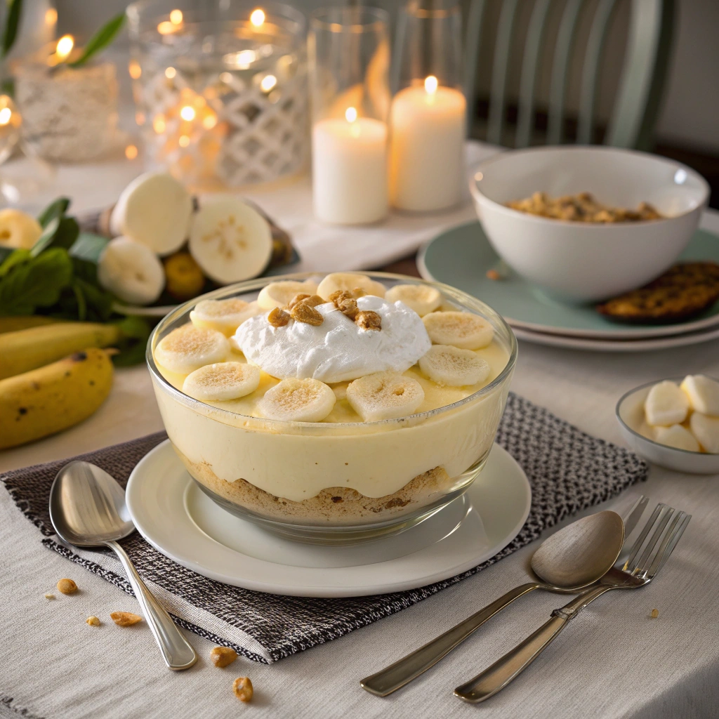 Layered easy banana pudding recipe with vanilla wafers and whipped cream on top.