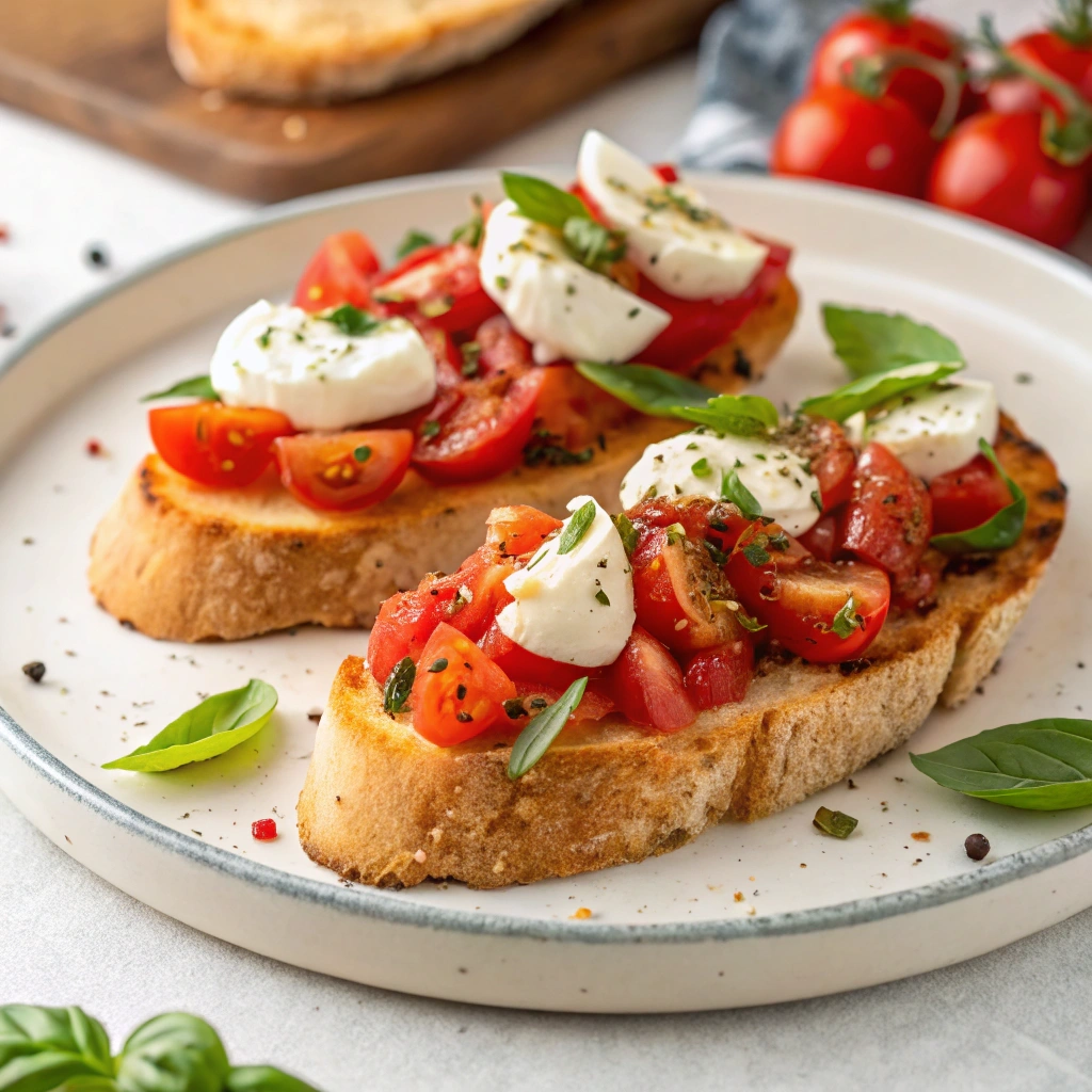 Classic Italian bruschetta with melted mozzarella and balsamic drizzle.