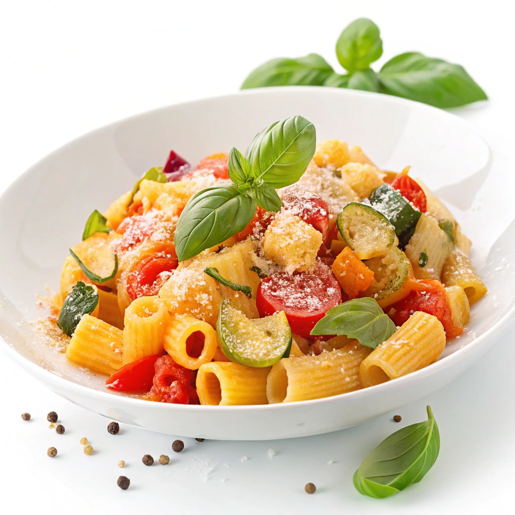 Plated Ditalini pasta with grated cheese and basil garnish, ready to serve."