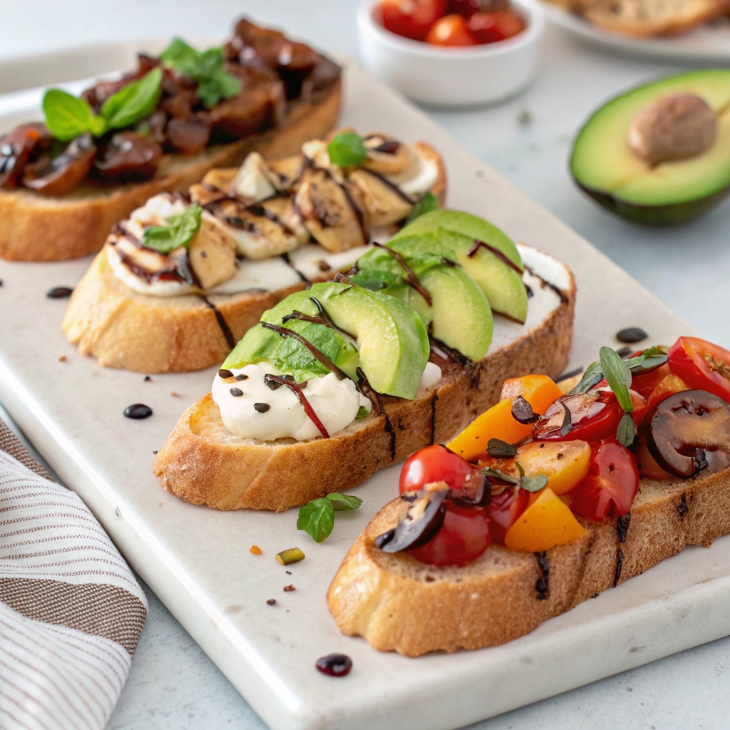 A chef drizzling olive oil over freshly made bruschetta with mozzarella and avocado