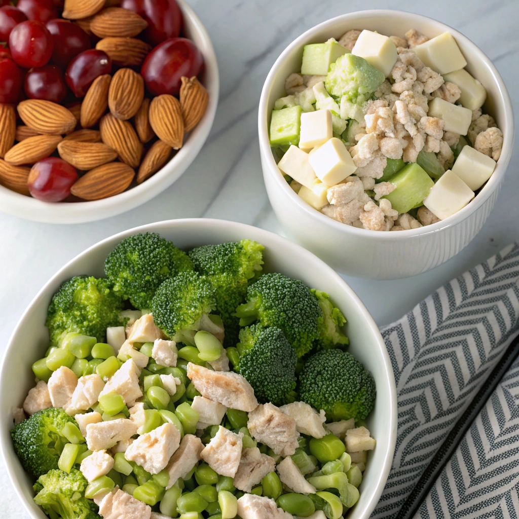 Ingredients for Chicken Salad Chick broccoli salad arranged on a kitchen counter.