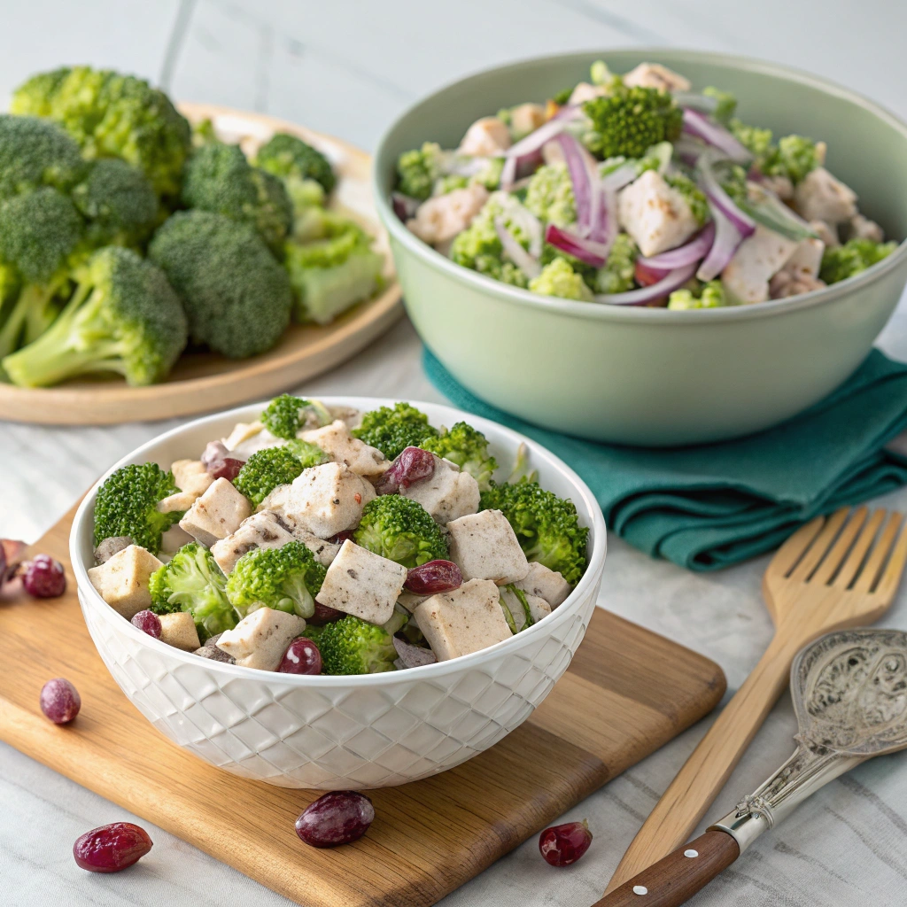 A plate of broccoli salad garnished with shredded cheese and sunflower seeds.
