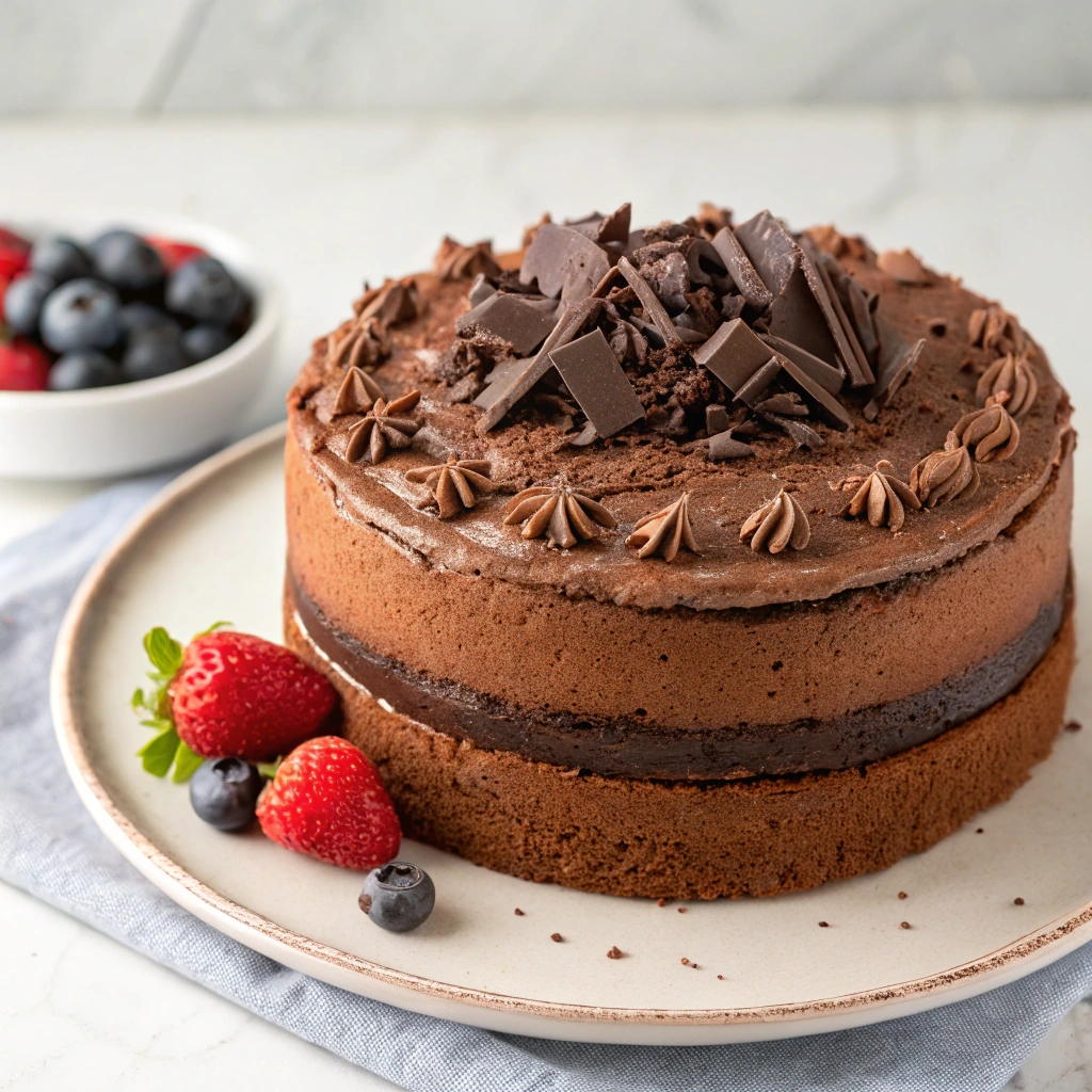 A fully frosted chocolate cake with smooth ganache covering the top.