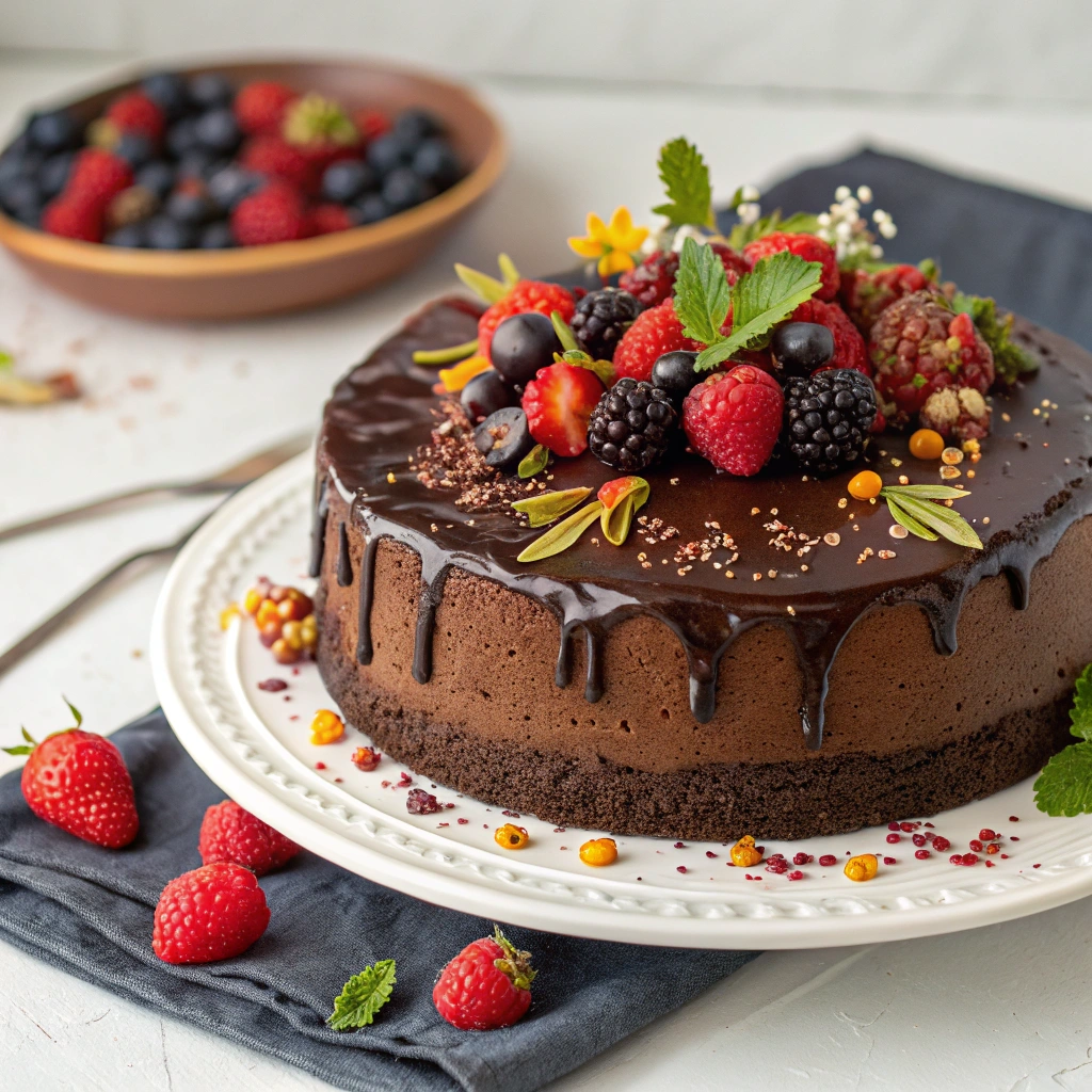 Chocolate cake recipe served with a side of fresh berries for garnish.