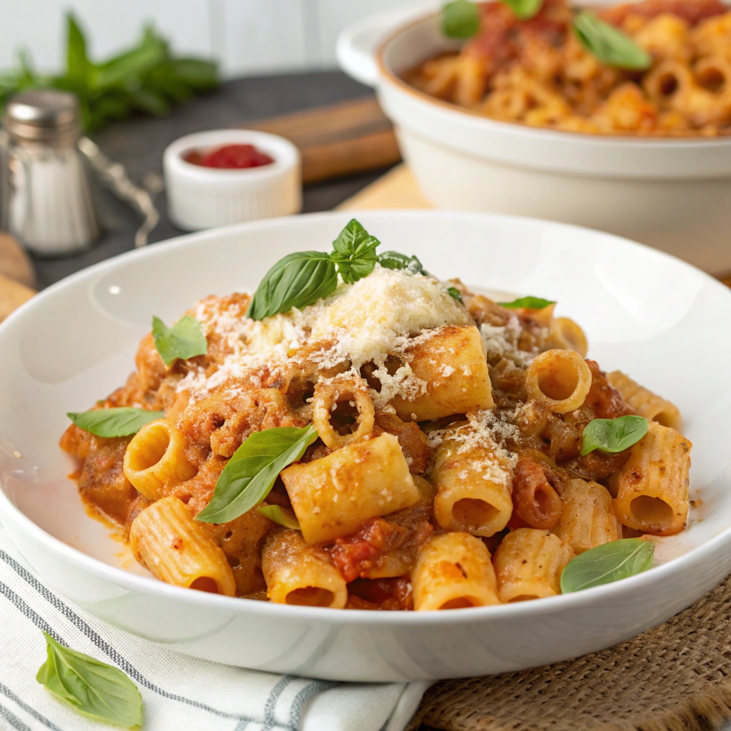 Close-up of cooked Ditalini pasta mixed with a savory tomato sauce and vegetables.
