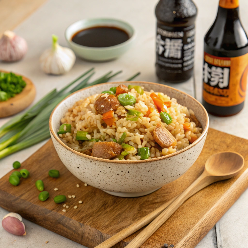 A close-up shot of fluffy, aromatic garlic fried rice in a skillet.
