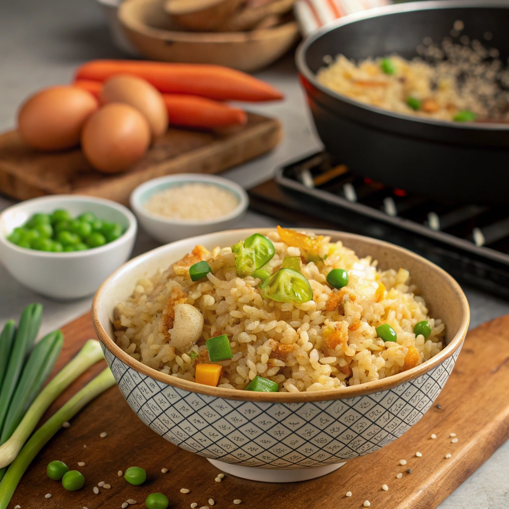 A bowl of freshly cooked garlic fried rice recipe topped with crispy fried garlic and green onions.