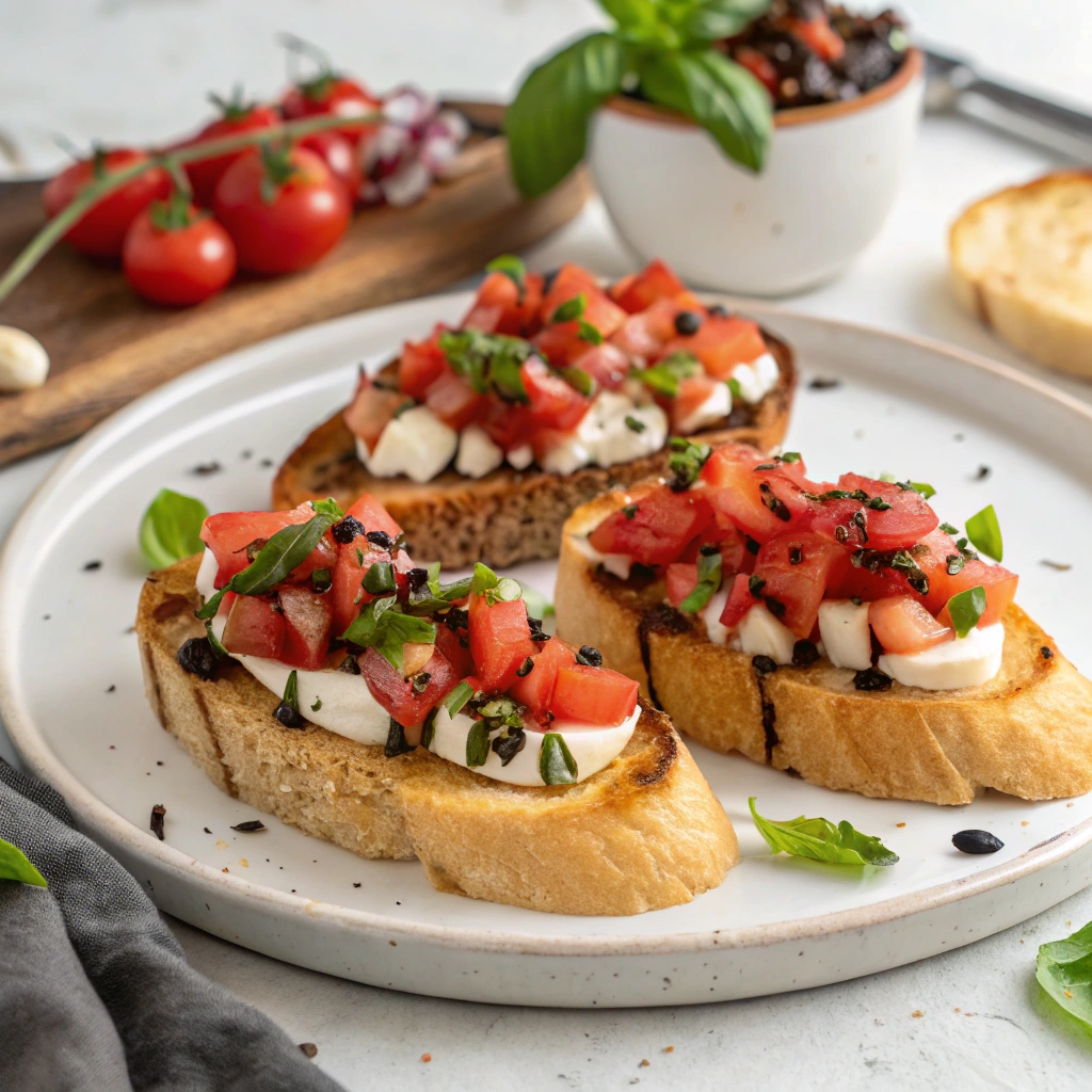 Freshly prepared bruschetta recipes with mozzarella, tomatoes, and basil on a wooden board.