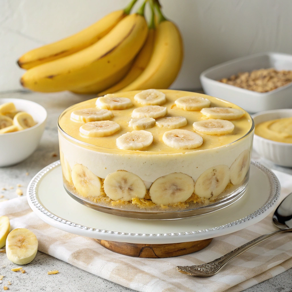 Close-up of a spoon scooping a creamy layer of banana pudding