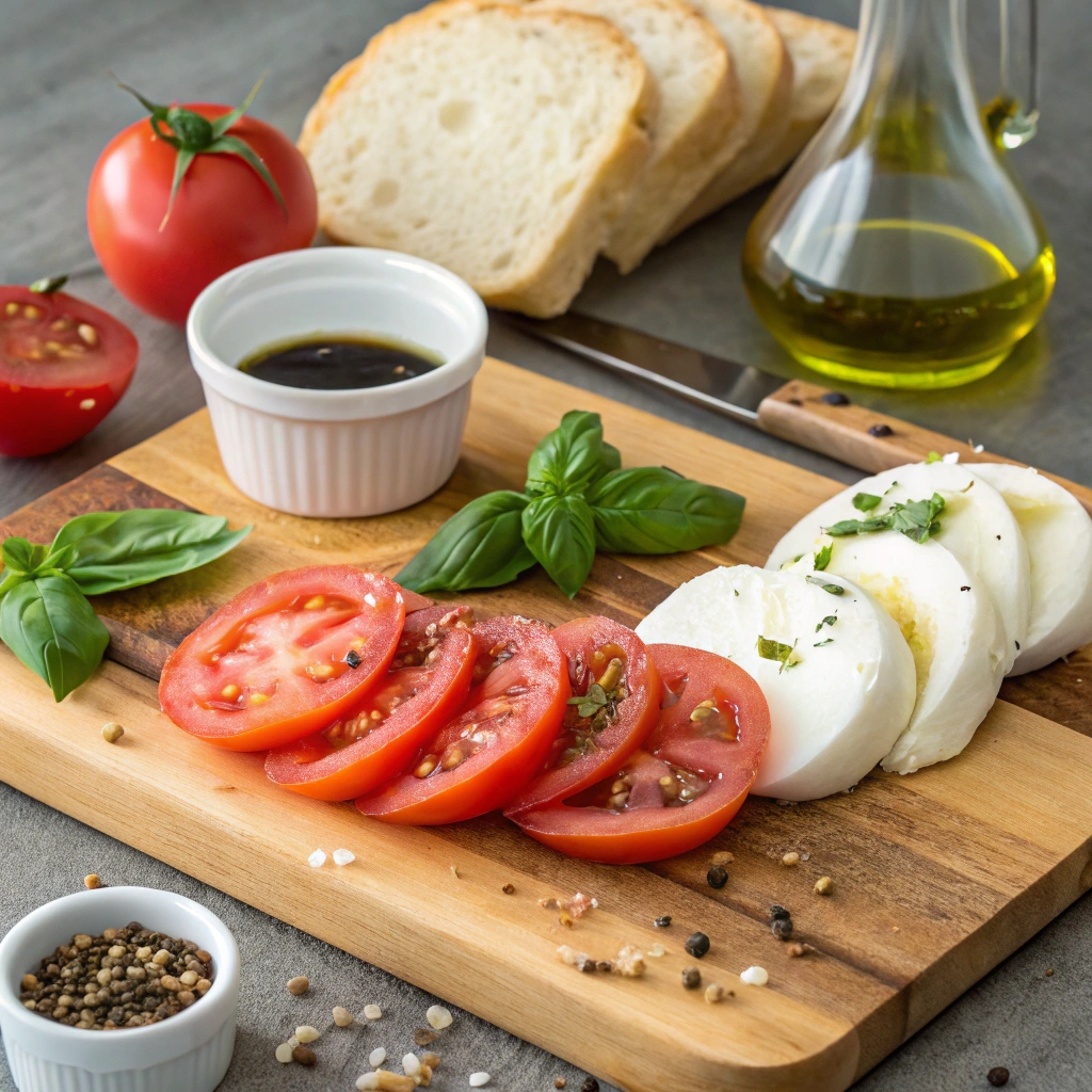 A plate of garlic mushroom bruschetta with mozzarella and parsley garnish.