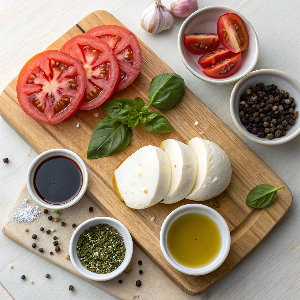 vegetables and mozzarella bruschetta topped with cherry tomatoes and balsamic glaze.