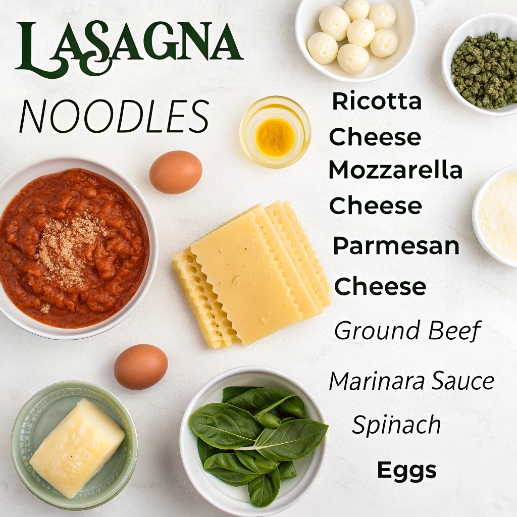 Ingredients for oven ready lasagna recipe, including no-boil noodles and cheese.