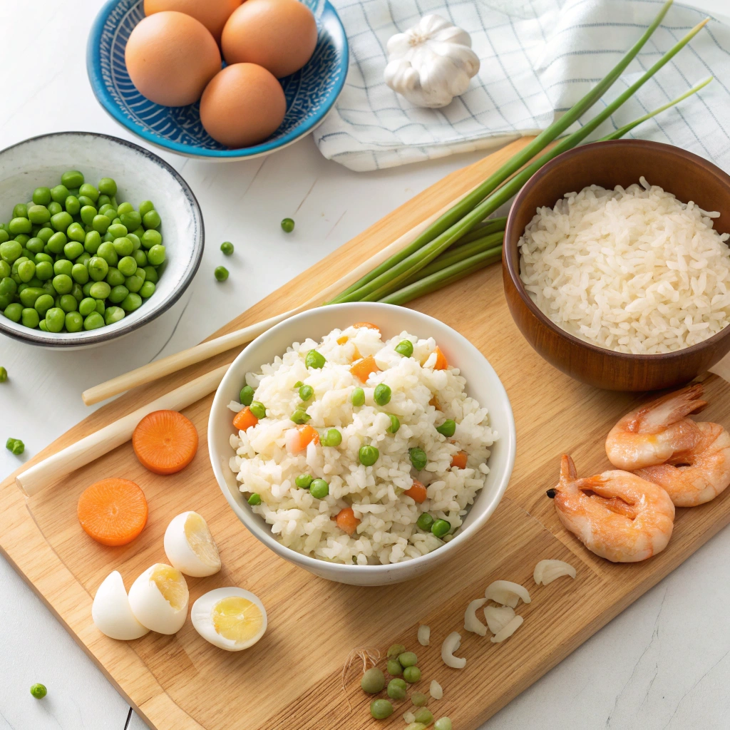 A spoonful of garlic fried rice served on a plate with a fried egg on top.