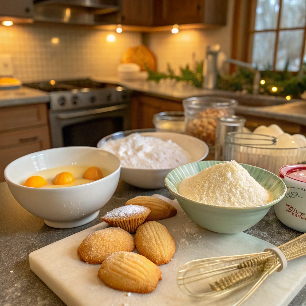 "Freshly baked madeleine cookies with a cup of coffee on a rustic table"