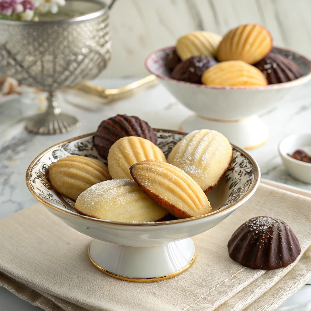 madeleine cookies recipe using cream with a dusting of powdered sugar on a plate"