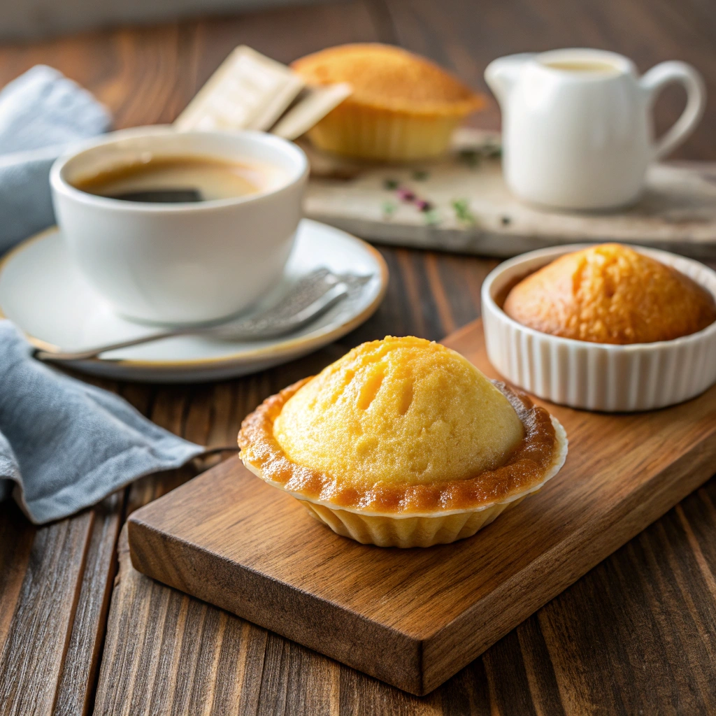 Close-up of soft, buttery madeleine cookies stacked on a wooden board"
