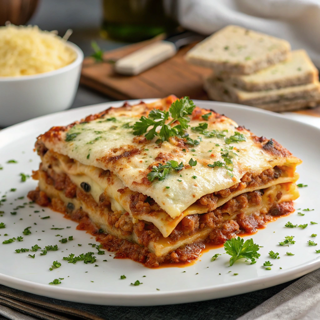 A slice of oven ready lasagna served on a white plate with basil garnish.
