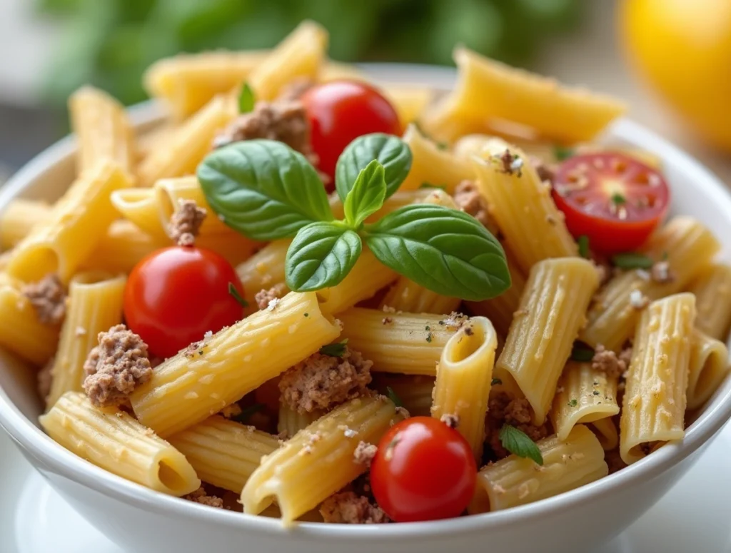 Freshly prepared Pasta House Salad in a white bowl.