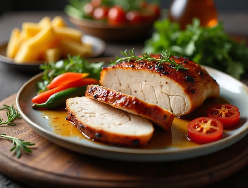 "Perfectly smoked chicken breast recipe on the grill, ready to serve"
