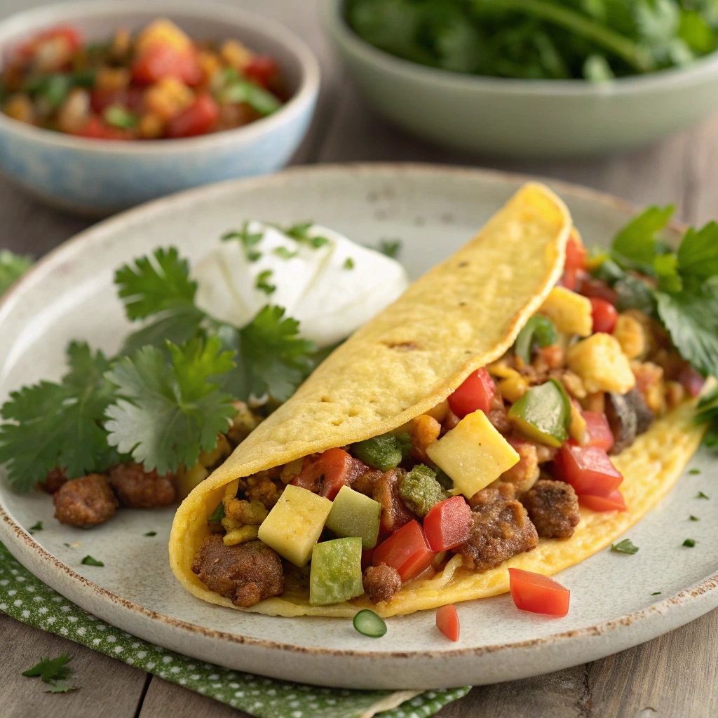 A delicious taco omelet made with leftover taco meat, eggs, and cheese