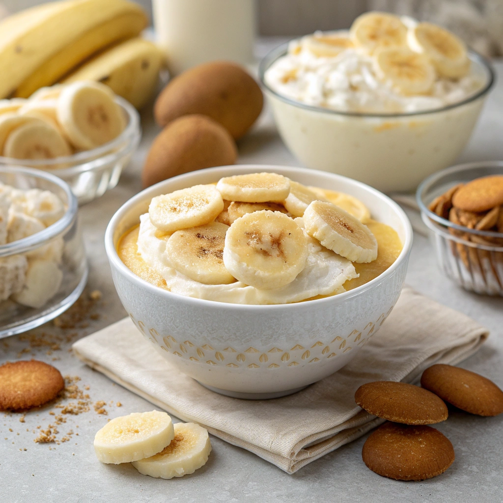 Finished banana pudding dessert in a glass dish with extra banana slices on top