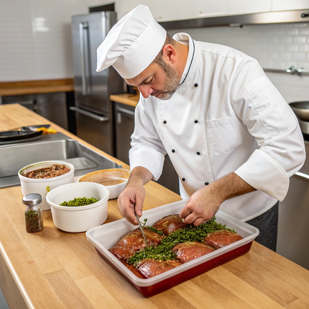 Chef marinating sandhill crane meat before grilling