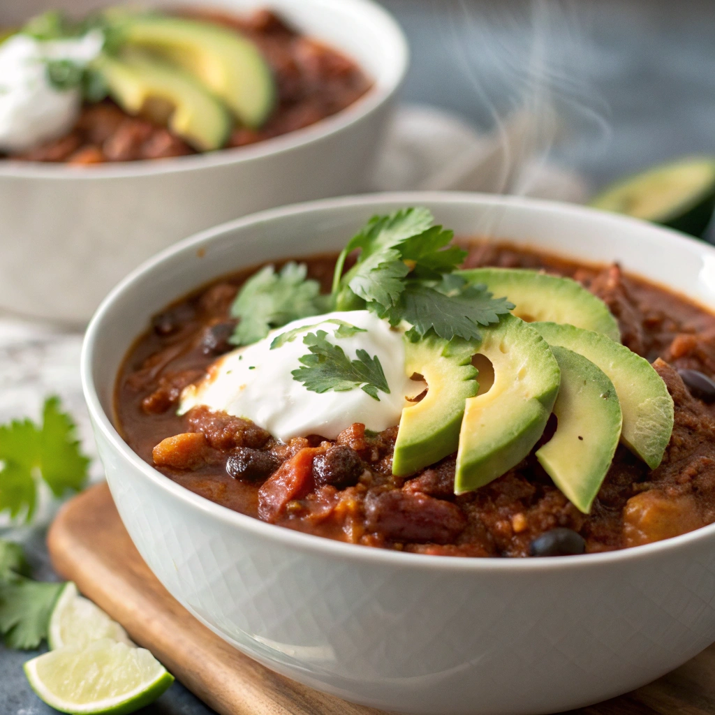 "Healthy homemade chili recipe served in a bowl with Greek yogurt and avocado toppings."
