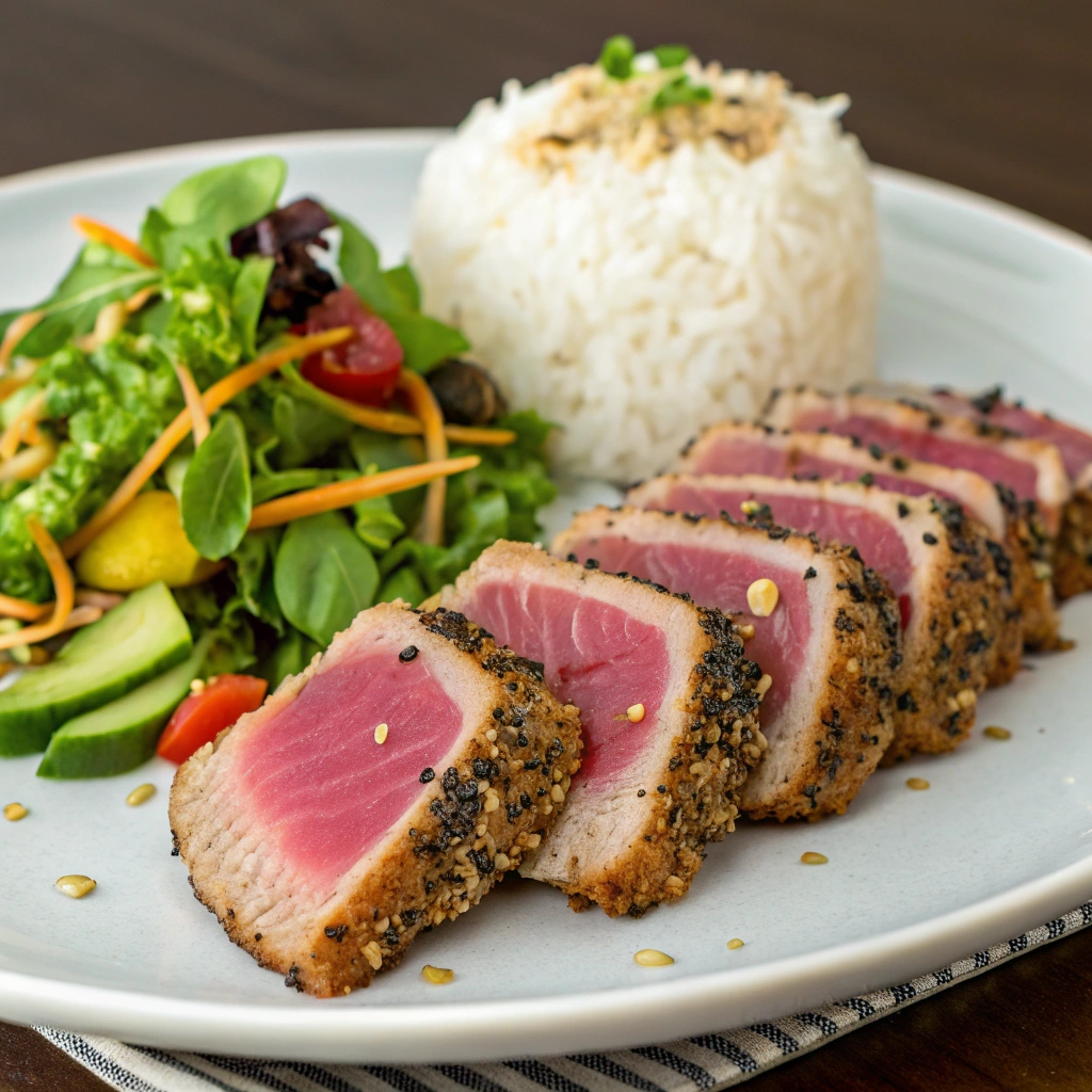 "Slicing the perfectly cooked ahi tuna into thin pieces for a flavorful dish."