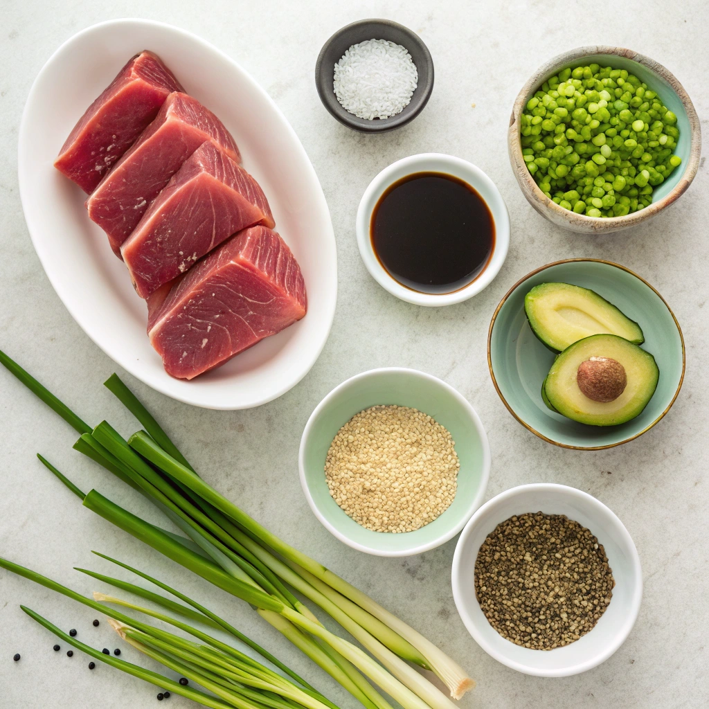 "Ingredients for seared ahi tuna recipe laid out on a countertop."