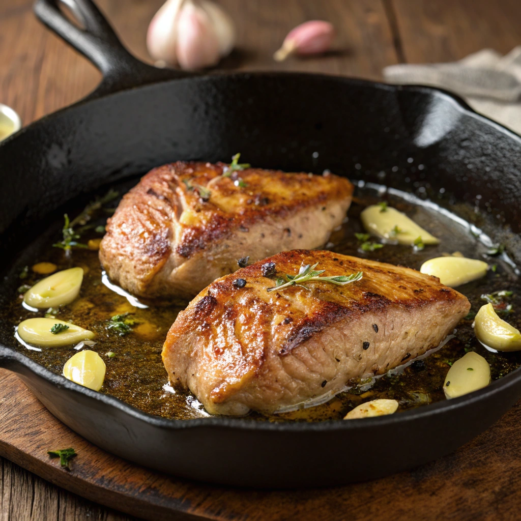 Pan-seared sandhill crane meat in a cast-iron skillet with garlic butter