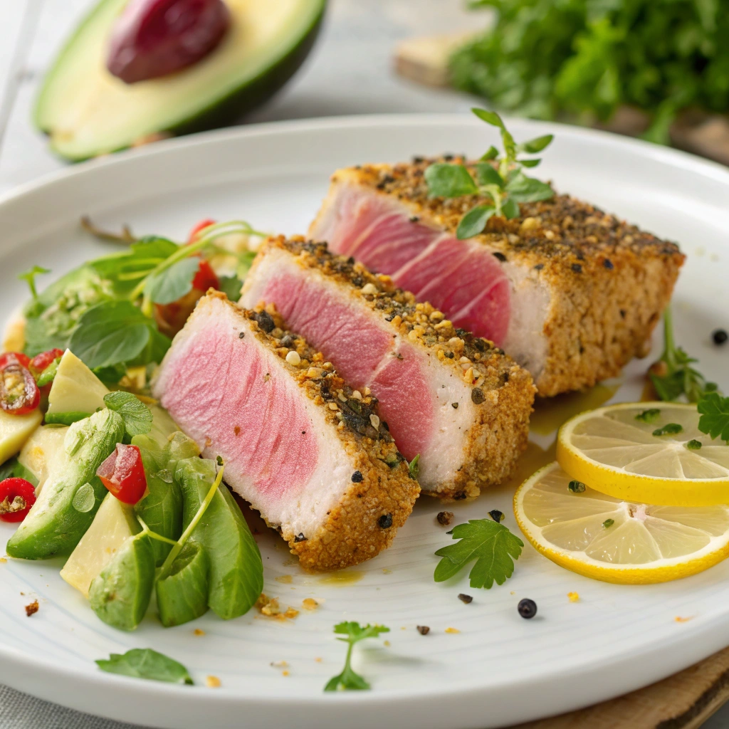 "Seared ahi tuna steaks with a golden crust and fresh garnish."