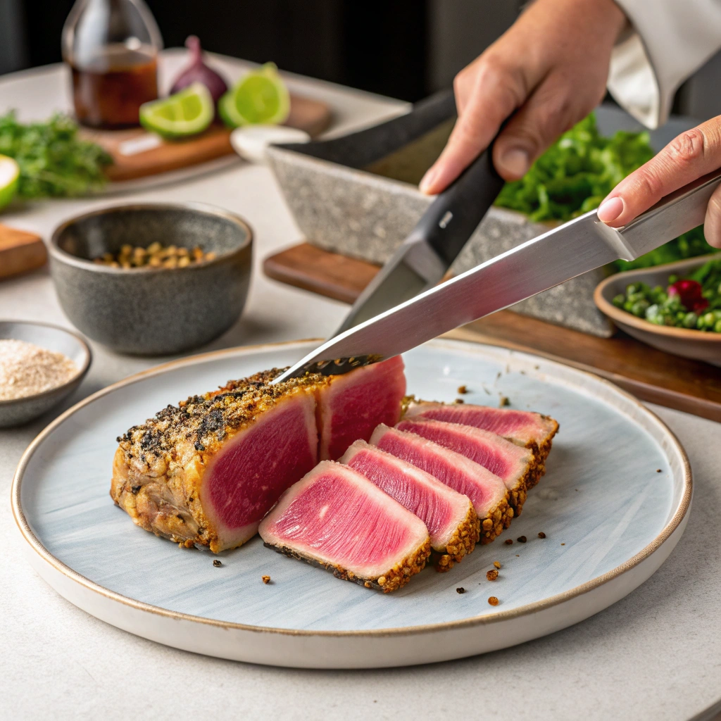 "Healthy seared ahi tuna served with a light salad and rice on the side."